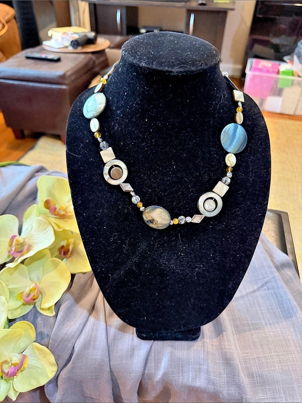 Statement Beaded Necklace in Gray & Brown Like New